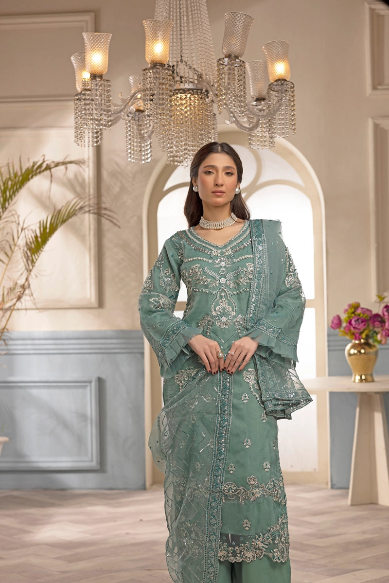 Khoobsurat by Simrans Ladies Designer Organza Party Outfit Green - Desi Posh