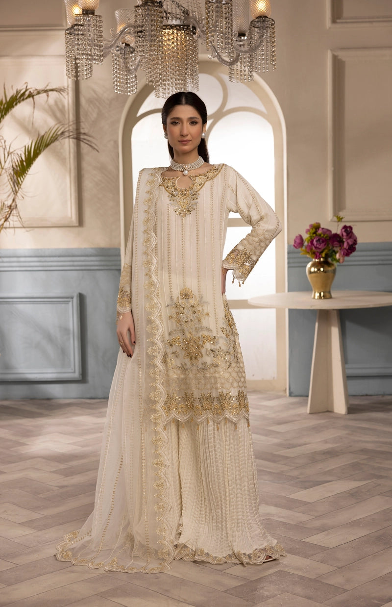 Shah Jahan Embroidered 3 Piece Wedding Sharara Outfit SJ24009 Cream - Desi Posh
