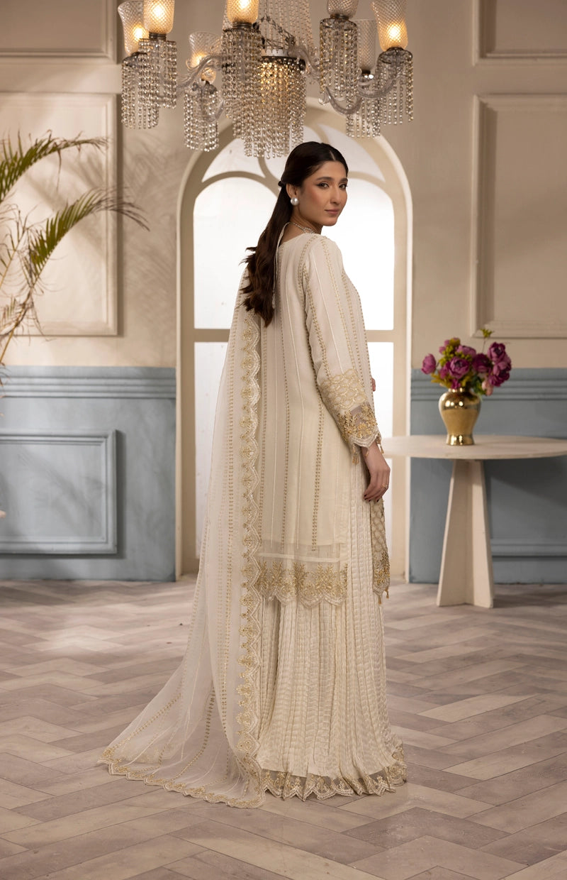Shah Jahan Embroidered 3 Piece Wedding Sharara Outfit SJ24009 Cream - Desi Posh