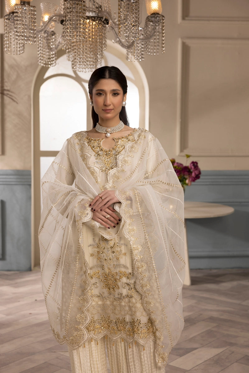 Shah Jahan Embroidered 3 Piece Wedding Sharara Outfit SJ24009 Cream - Desi Posh