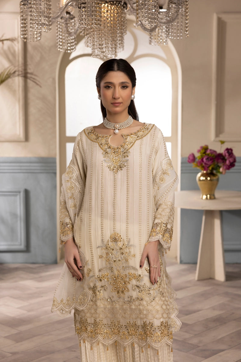 Shah Jahan Embroidered 3 Piece Wedding Sharara Outfit SJ24009 Cream - Desi Posh