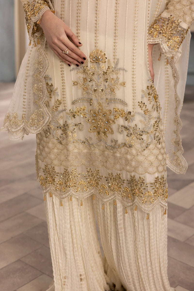 Shah Jahan Embroidered 3 Piece Wedding Sharara Outfit SJ24009 Cream - Desi Posh