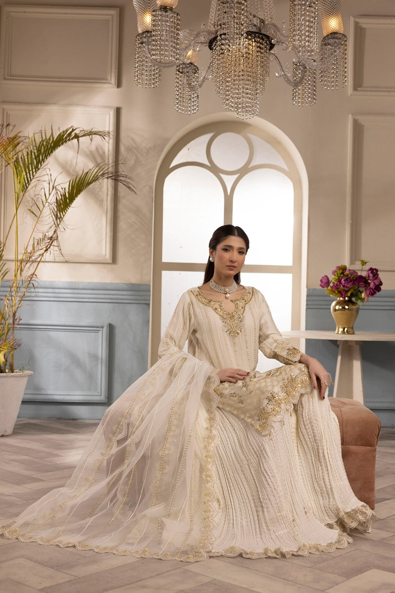 Shah Jahan Embroidered 3 Piece Wedding Sharara Outfit SJ24009 Cream - Desi Posh