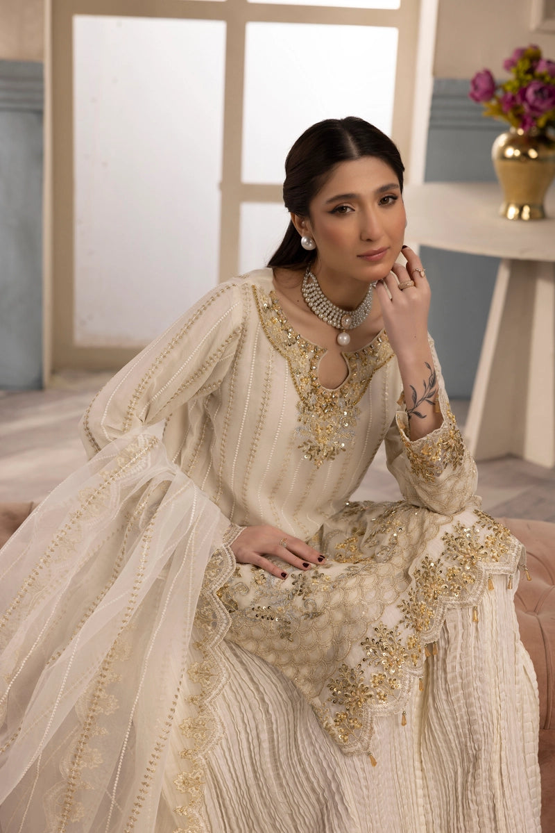Shah Jahan Embroidered 3 Piece Wedding Sharara Outfit SJ24009 Cream - Desi Posh