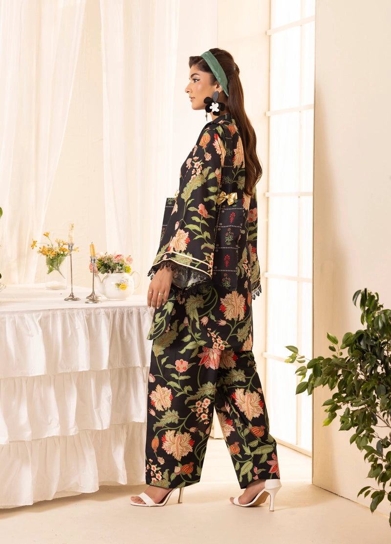 Khaadi Designer Inspired 3 Piece Co-ords Lawn Black Outfit With Tote Bag - Desi Posh