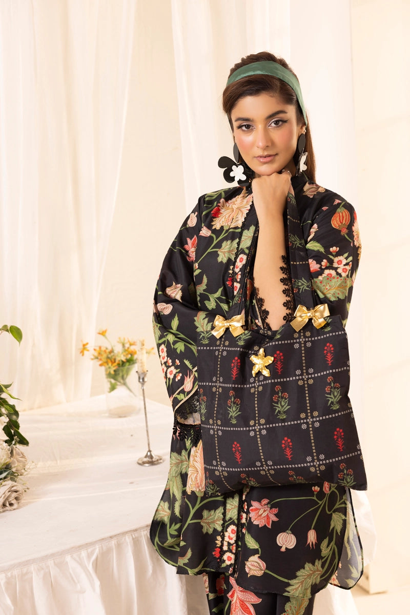 Khaadi Designer Inspired 3 Piece Co-ords Lawn Black Outfit With Tote Bag - Desi Posh