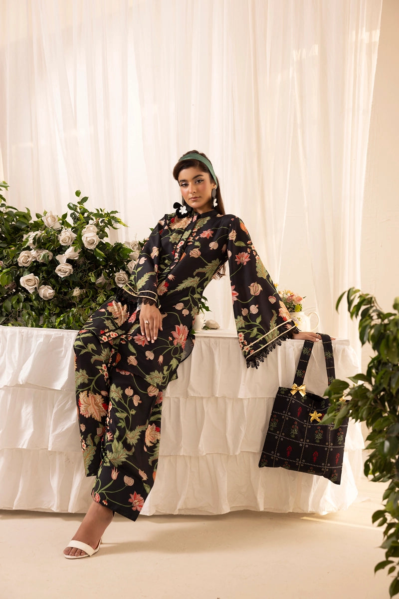 Khaadi Designer Inspired 3 Piece Co-ords Lawn Black Outfit With Tote Bag - Desi Posh