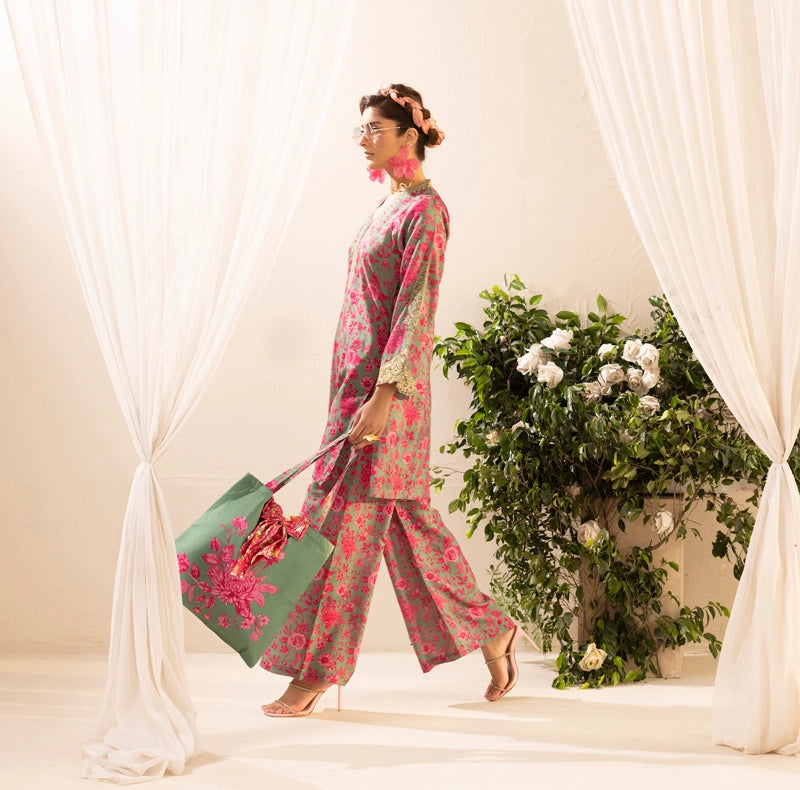 Khaadi Designer Inspired 3 Piece Co-ords Lawn Summer Outfit With Tote Bag