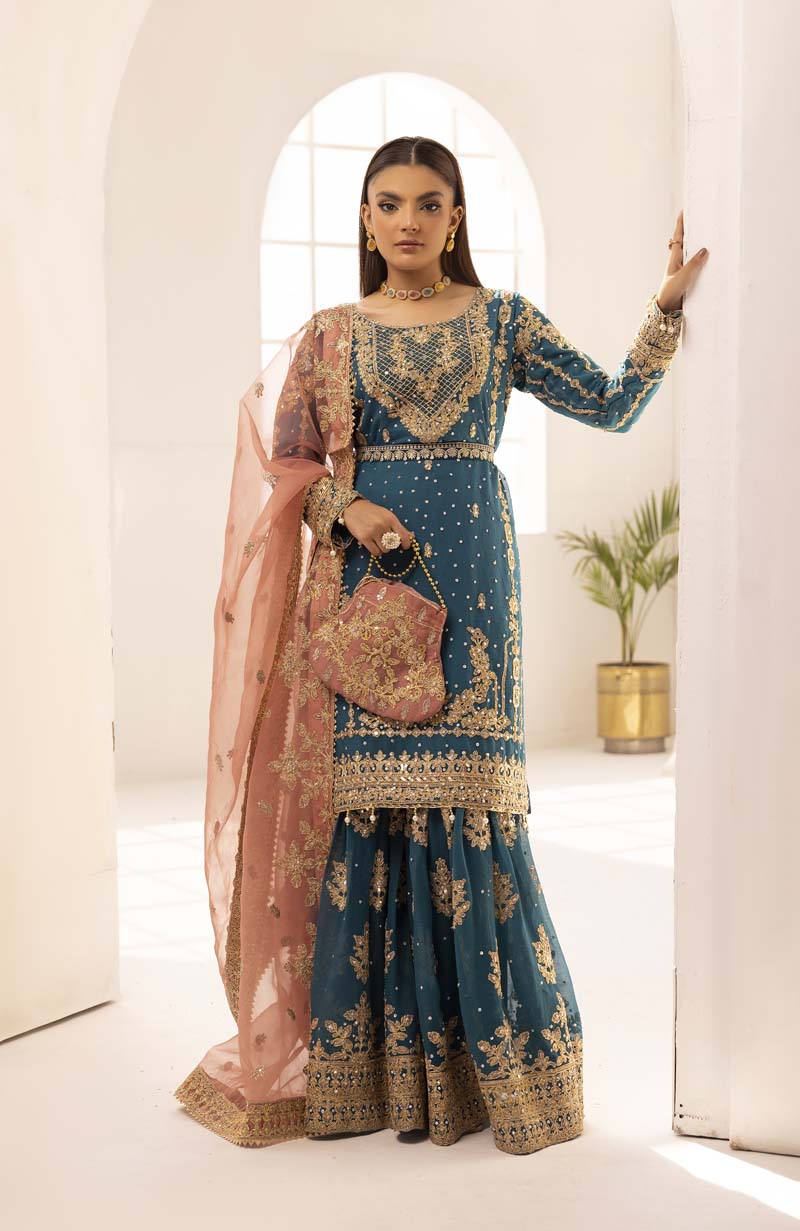 Haris Shakeel Inspired Fully Embroidered 3 Piece Gharara Outfit - Desi Posh