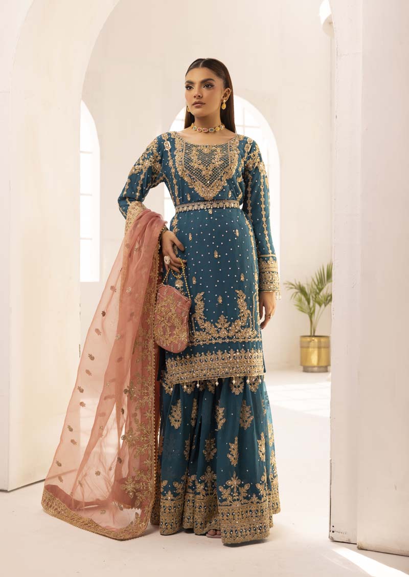 Haris Shakeel Inspired Fully Embroidered 3 Piece Gharara Outfit - Desi Posh
