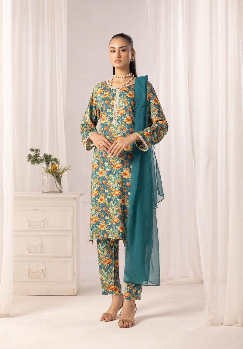 Nakhra 2 Floral Arabic Lawn Suit With Chiffon Dupatta D6