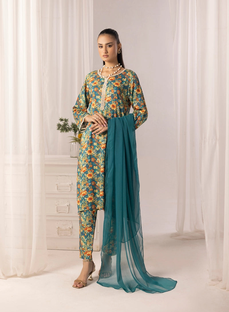 Nakhra 2 Floral Arabic Lawn Suit With Chiffon Dupatta D6
