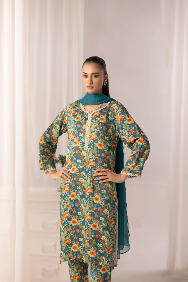 Nakhra 2 Floral Arabic Lawn Suit With Chiffon Dupatta D6