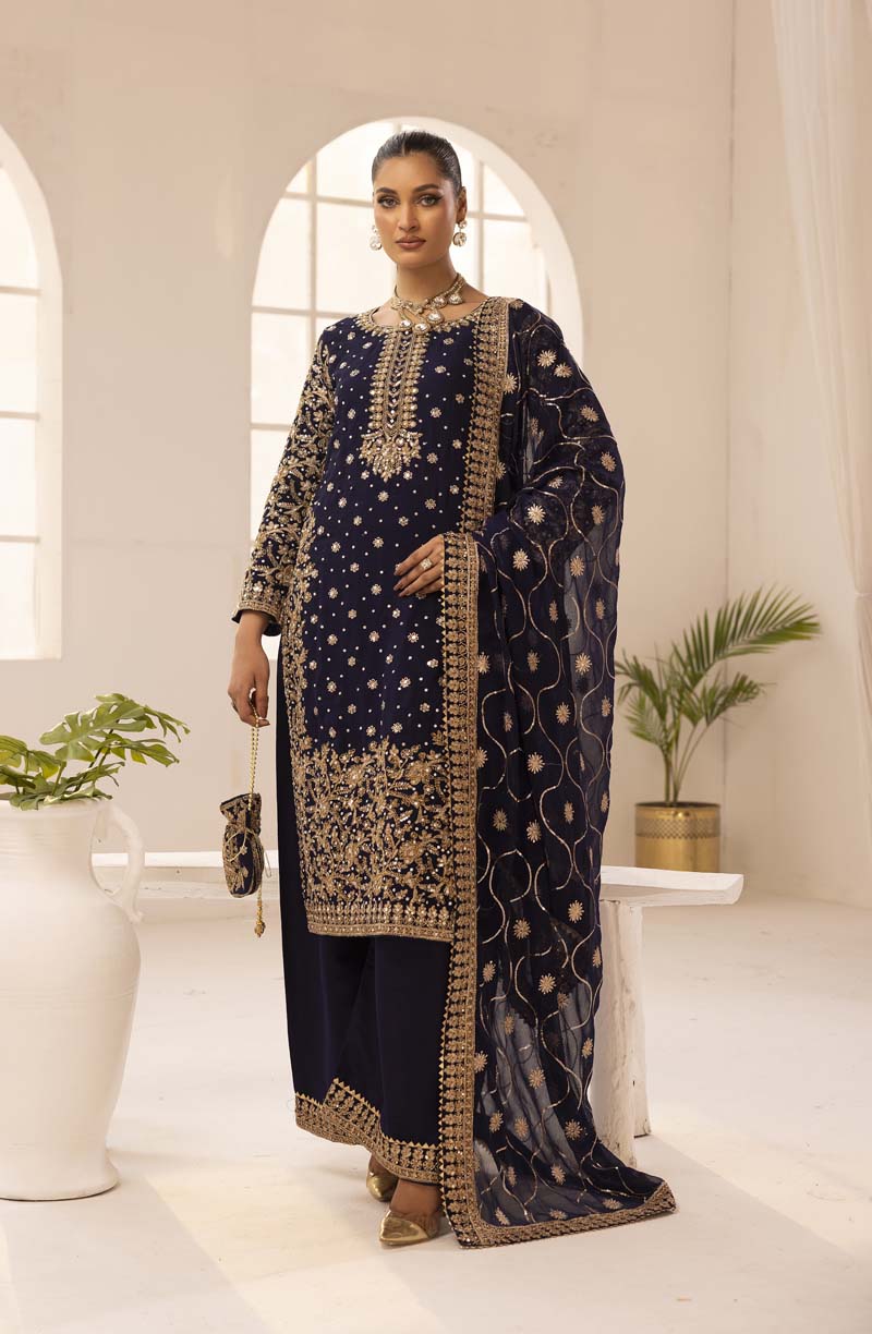 Haris Shakeel Inspired Fully Embroidered Navy 3 Piece Palazzo Outfit - Desi Posh