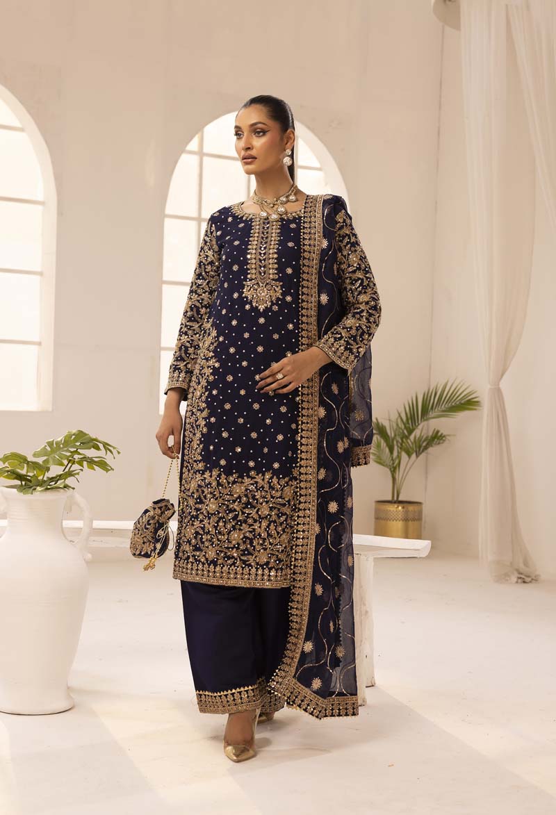 Haris Shakeel Inspired Fully Embroidered Navy 3 Piece Palazzo Outfit - Desi Posh