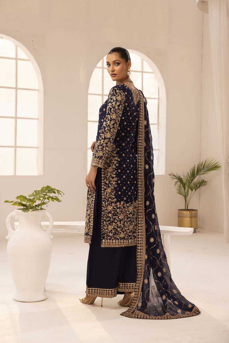 Haris Shakeel Inspired Fully Embroidered Navy 3 Piece Palazzo Outfit - Desi Posh