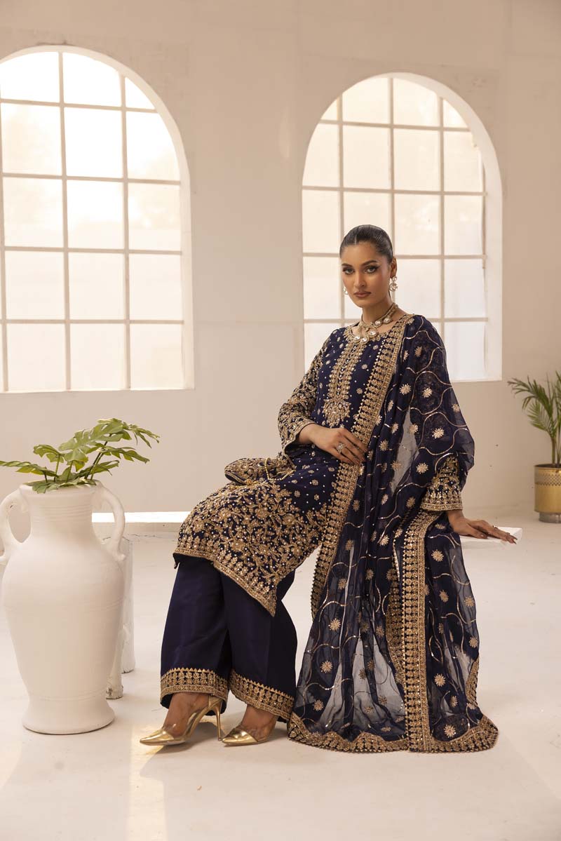 Haris Shakeel Inspired Fully Embroidered Navy 3 Piece Palazzo Outfit - Desi Posh
