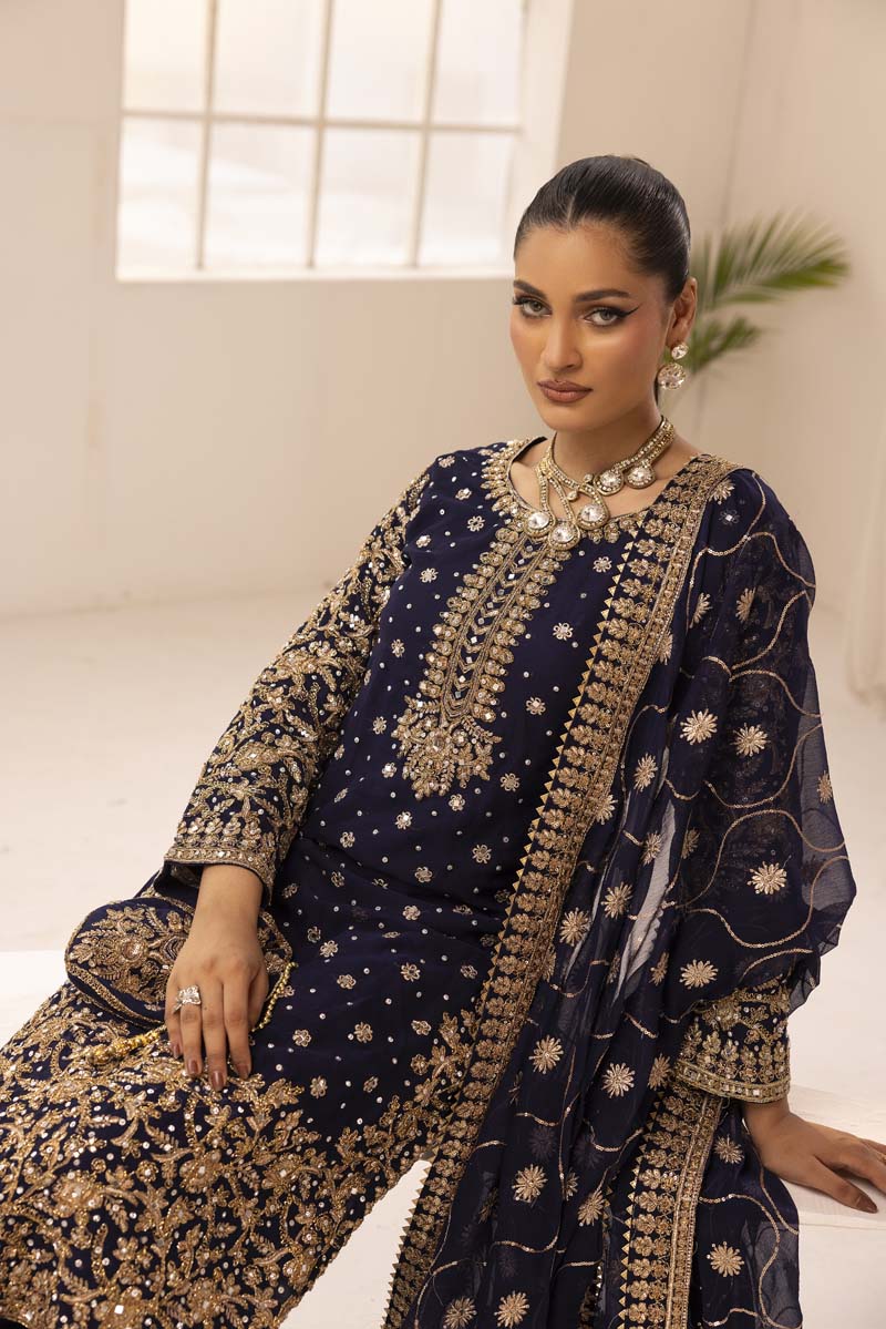Haris Shakeel Inspired Fully Embroidered Navy 3 Piece Palazzo Outfit - Desi Posh