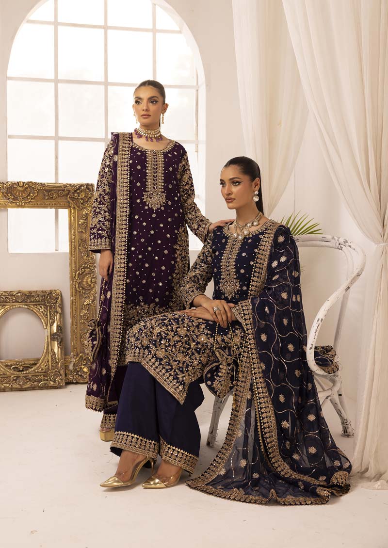 Haris Shakeel Inspired Fully Embroidered Navy 3 Piece Palazzo Outfit - Desi Posh