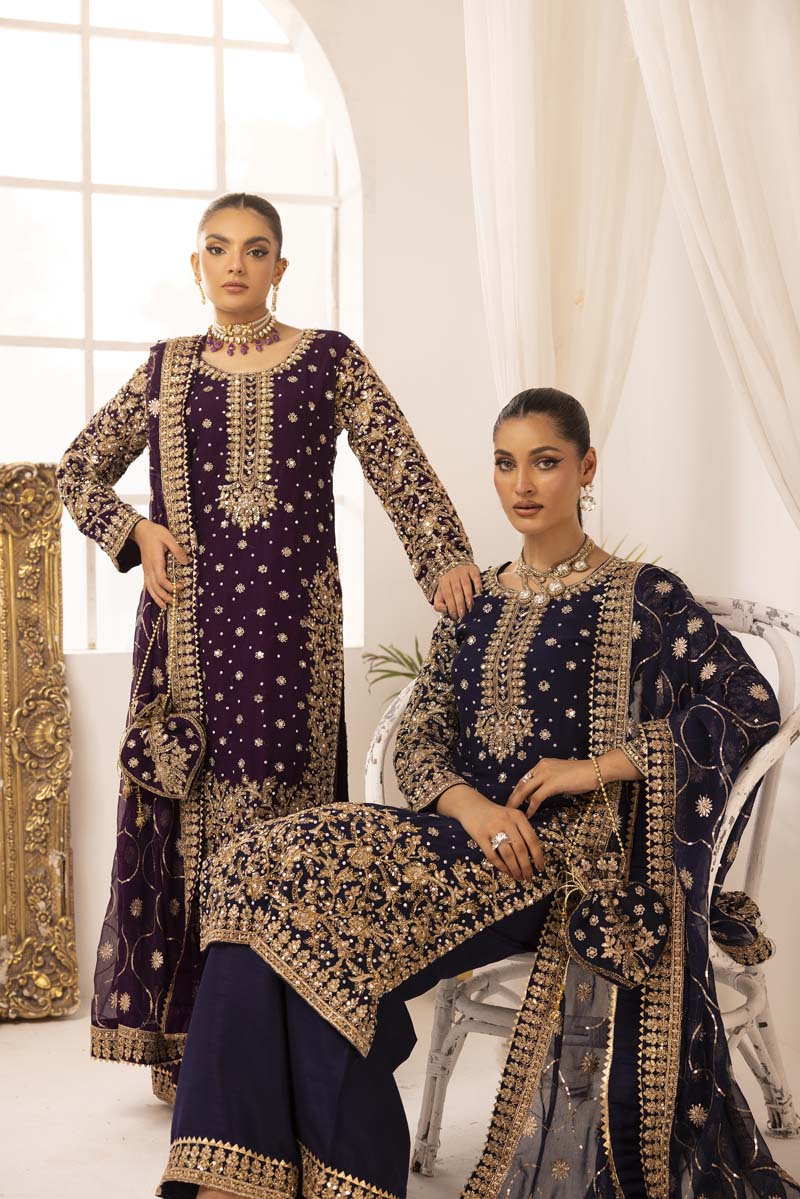 Haris Shakeel Inspired Fully Embroidered Navy 3 Piece Palazzo Outfit - Desi Posh