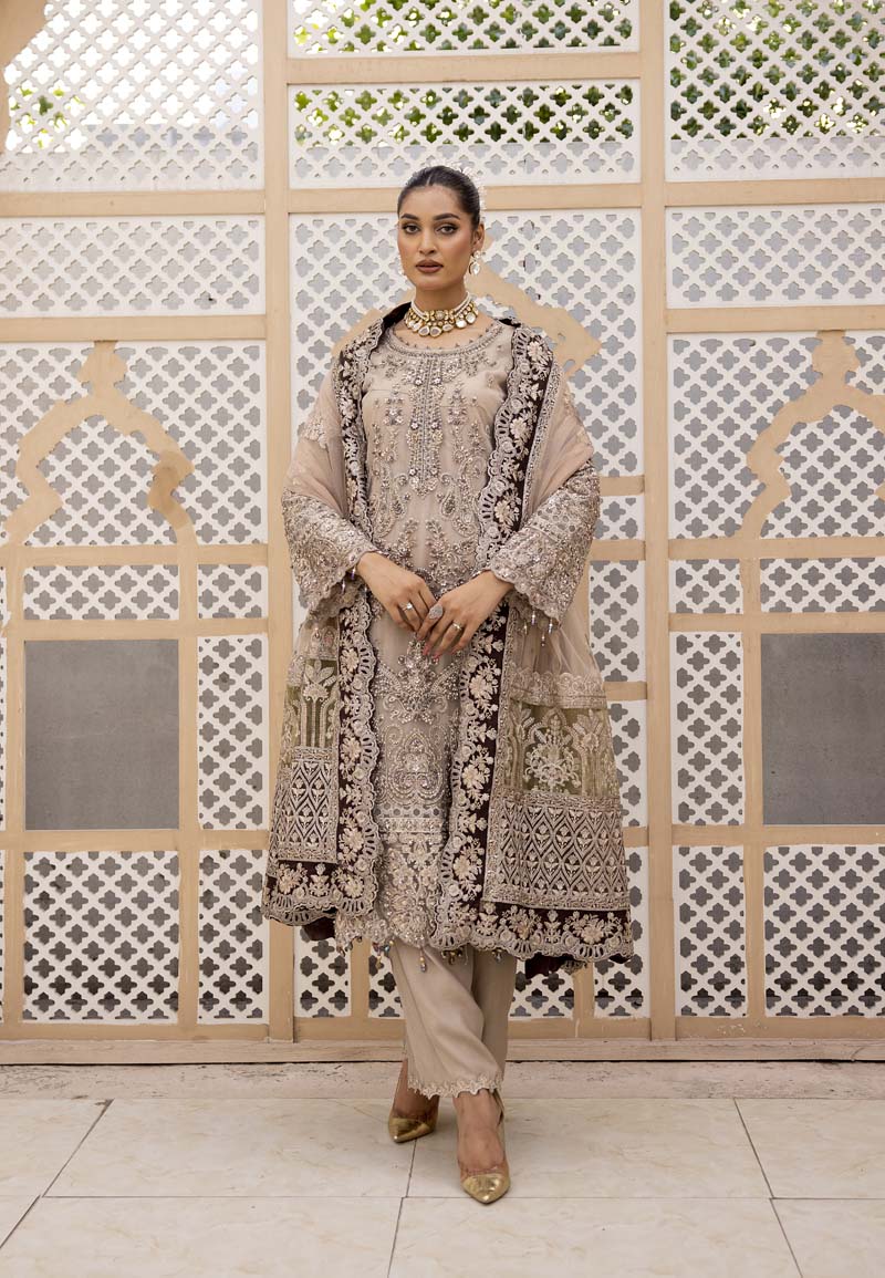 Imrozia Premium Inspired Embroidered Beige 3 Piece Wedding Outfit - Desi Posh