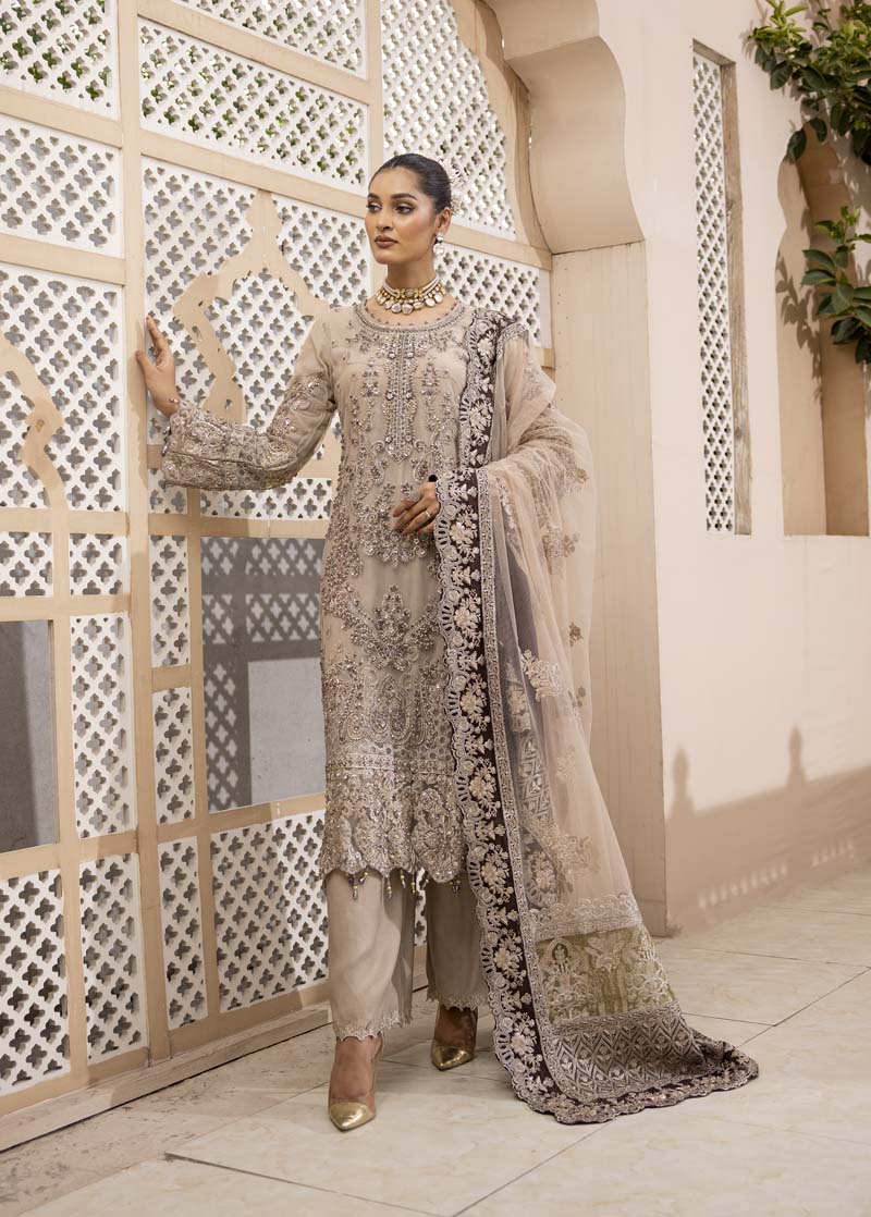 Imrozia Premium Inspired Embroidered Beige 3 Piece Wedding Outfit - Desi Posh