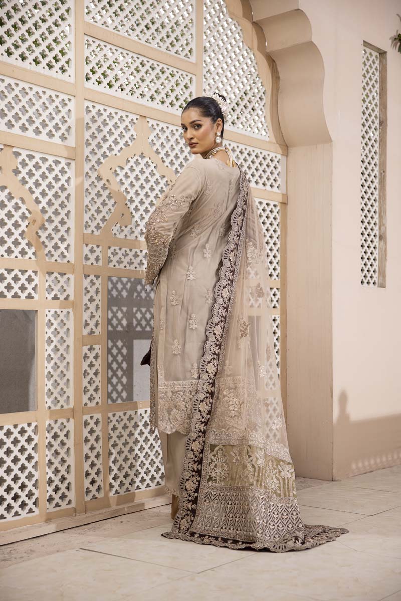 Imrozia Premium Inspired Embroidered Beige 3 Piece Wedding Outfit - Desi Posh