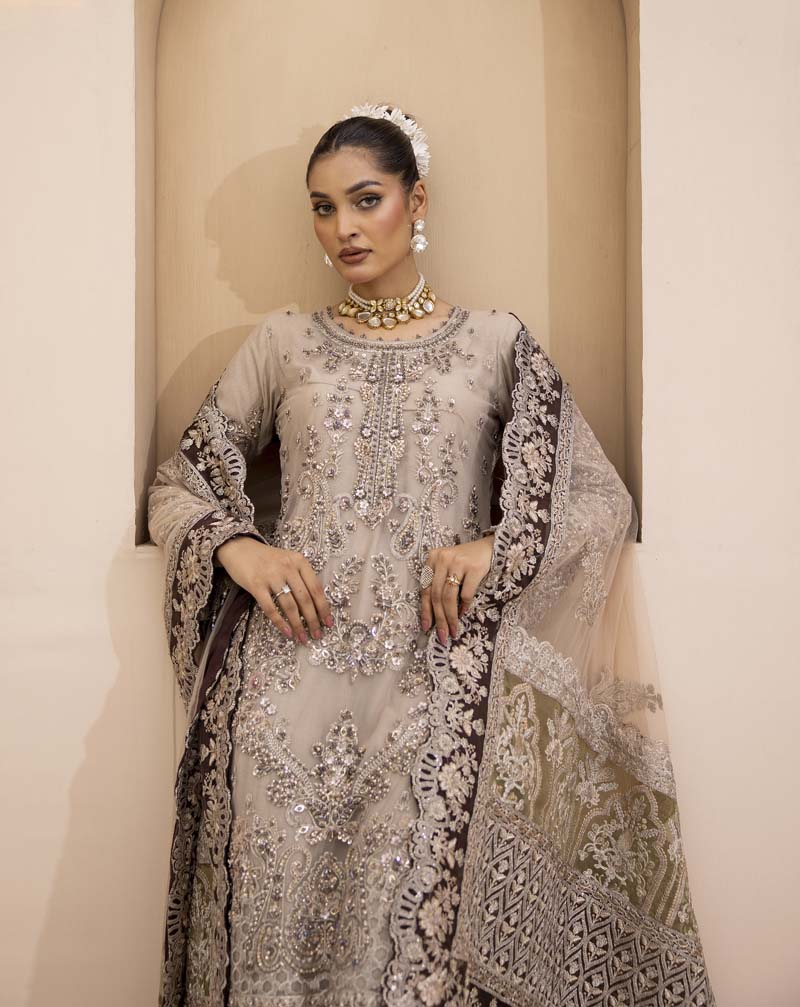 Imrozia Premium Inspired Embroidered Beige 3 Piece Wedding Outfit - Desi Posh