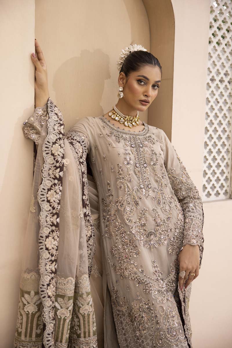 Imrozia Premium Inspired Embroidered Beige 3 Piece Wedding Outfit - Desi Posh