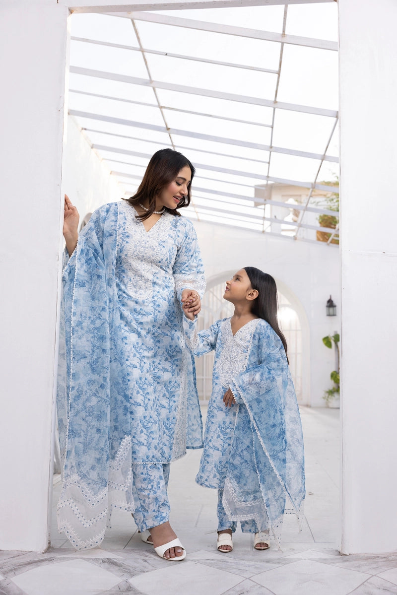 Ethnic Inspired Mummy & Me Kids 3 Piece Outfit Blue - Desi Posh