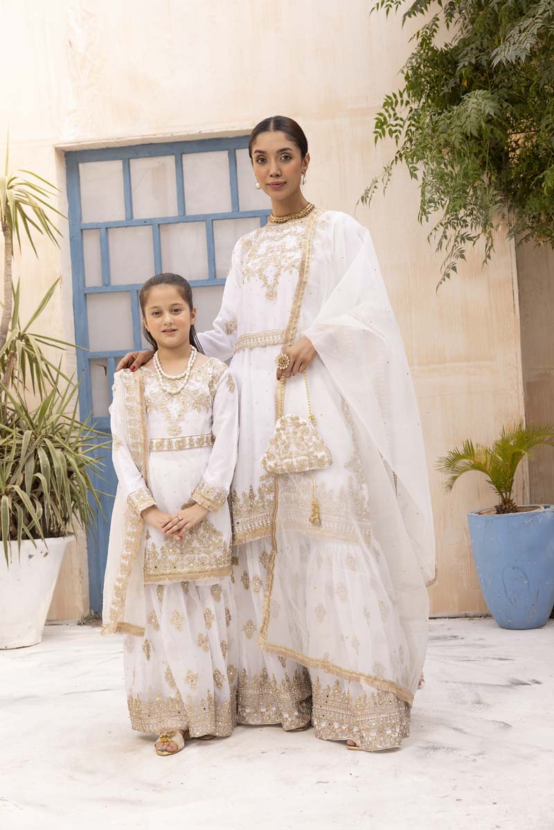 Nureh Mother & Daughter White Kids Gharara Oufit