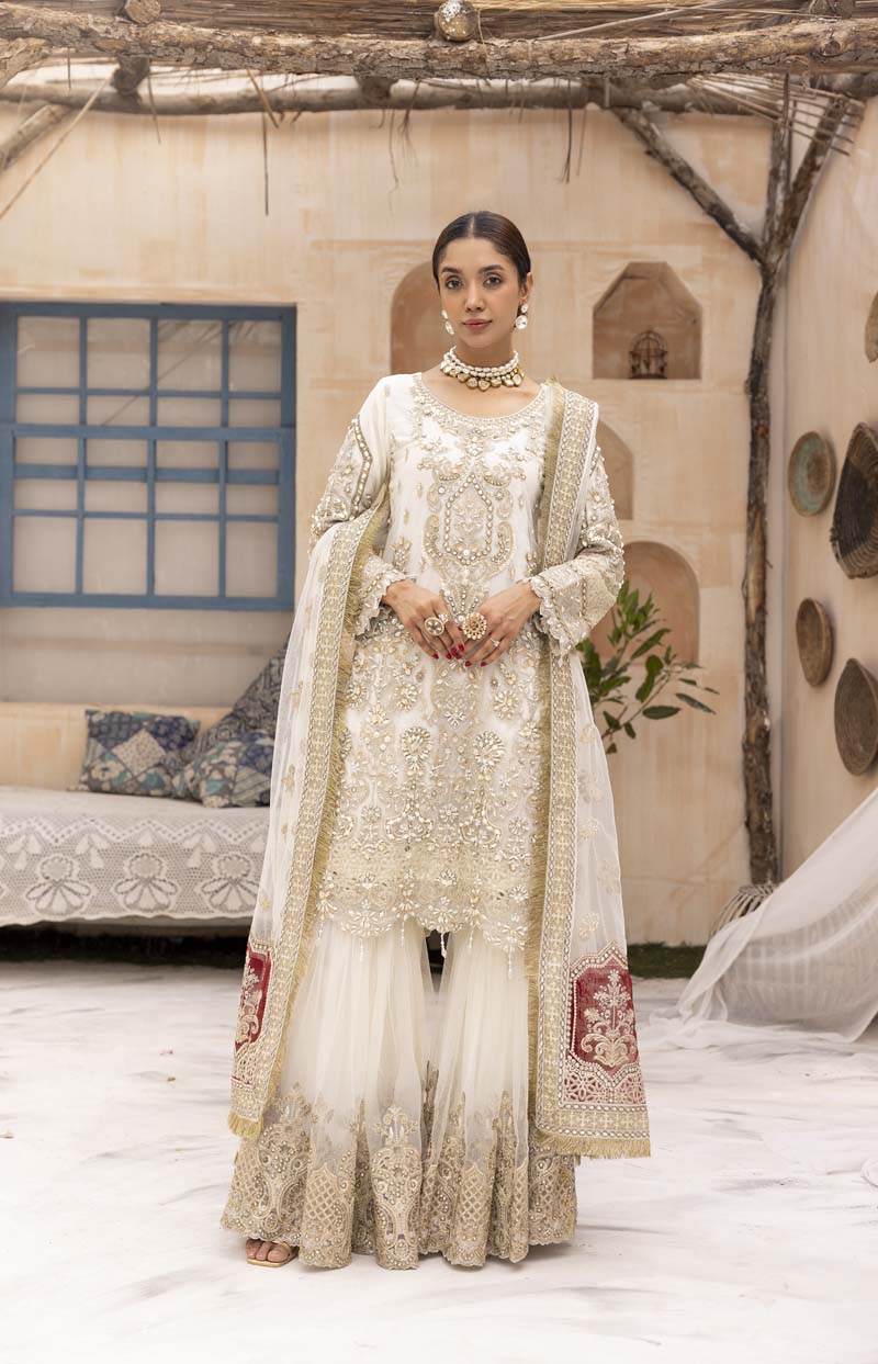 Imrozia Premium Inspired Embroidered 3 Piece Wedding Cream Gharara Outfit