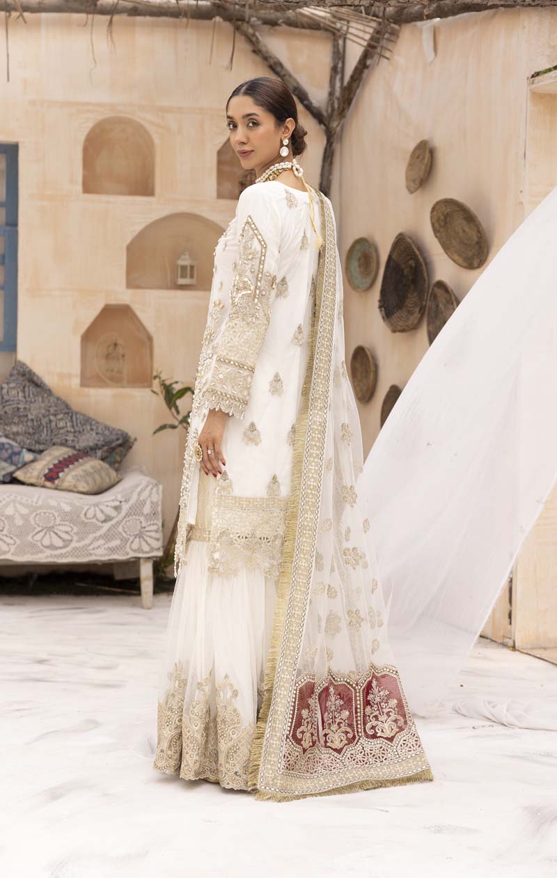 Imrozia Premium Inspired Embroidered 3 Piece Wedding Cream Gharara Outfit