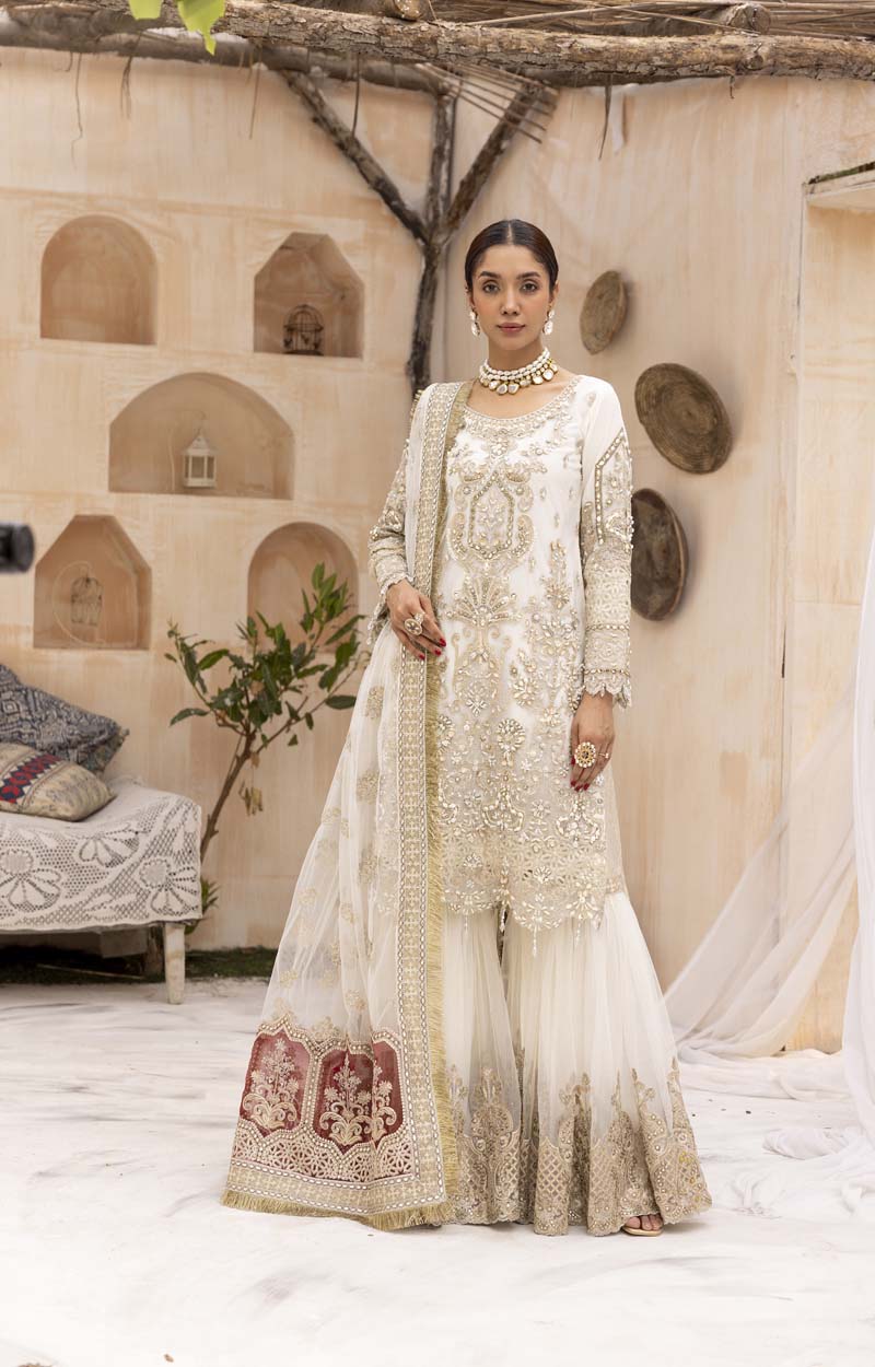 Imrozia Premium Inspired Embroidered 3 Piece Wedding Cream Gharara Outfit
