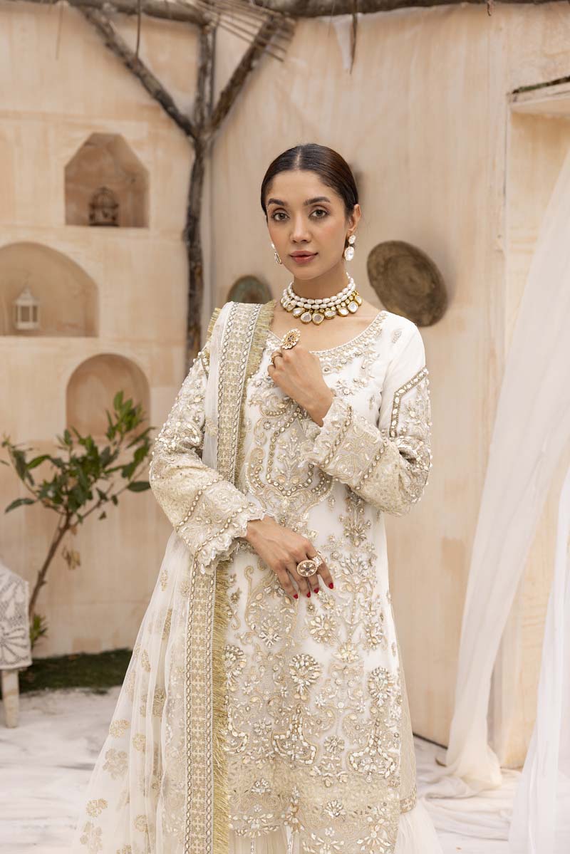 Imrozia Premium Inspired Embroidered 3 Piece Wedding Cream Gharara Outfit