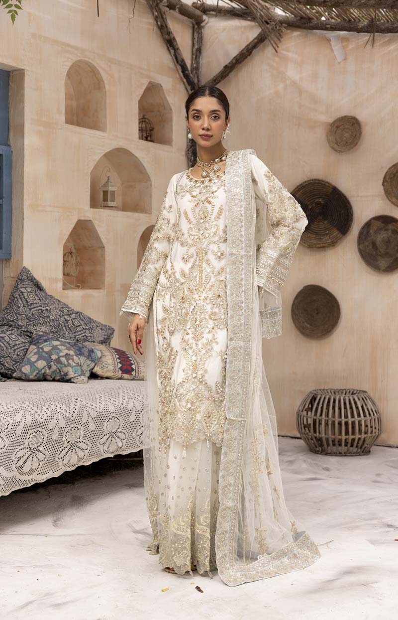 Imrozia Premium Inspired Embroidered 3 Piece Wedding Cream Gharara Outfit