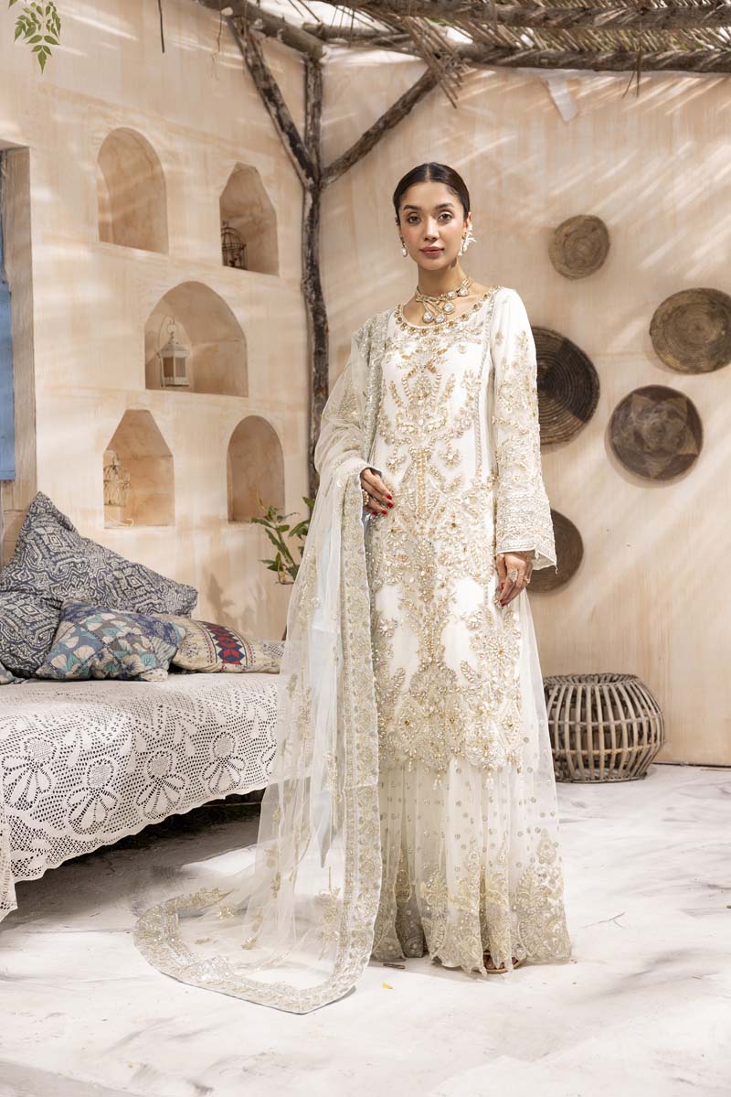 Imrozia Premium Inspired Embroidered 3 Piece Wedding Cream Gharara Outfit