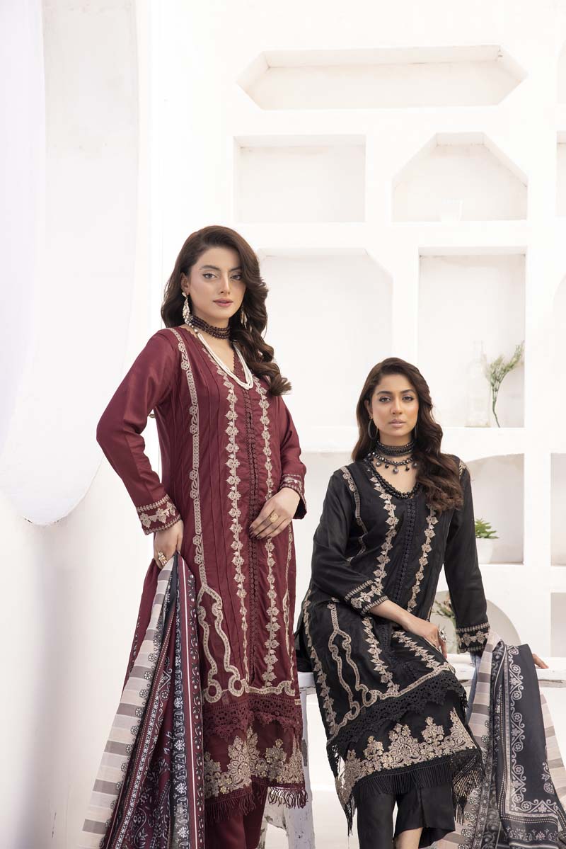 Maria B Inspired 3 Piece Linen Long Kameez Outfit MPT-2002-A - Desi Posh