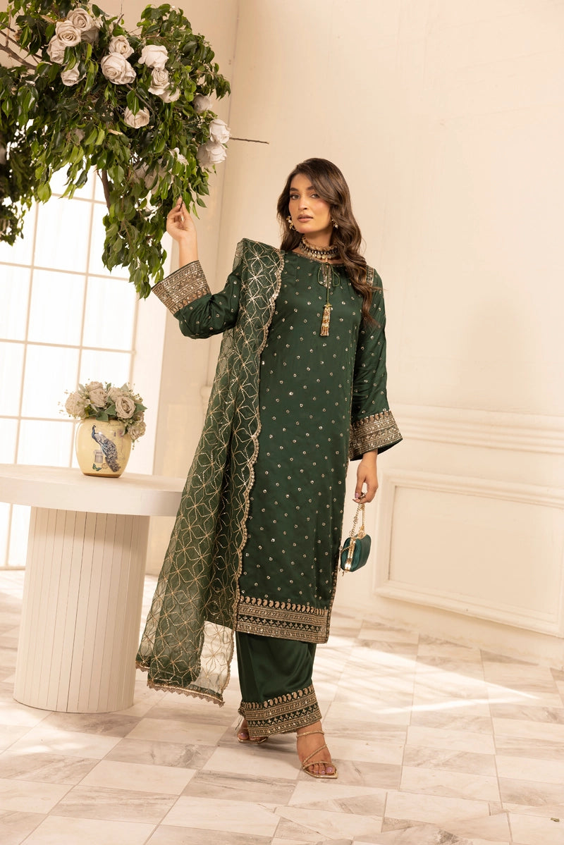 Charisma Amor Luxe Collection Viscose Silk 3 Piece Green Eid Outfit - Desi Posh