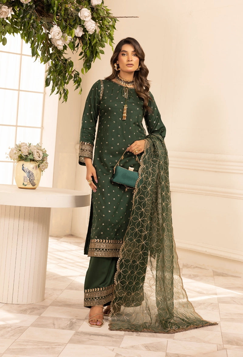 Charisma Amor Luxe Collection Viscose Silk 3 Piece Green Eid Outfit - Desi Posh