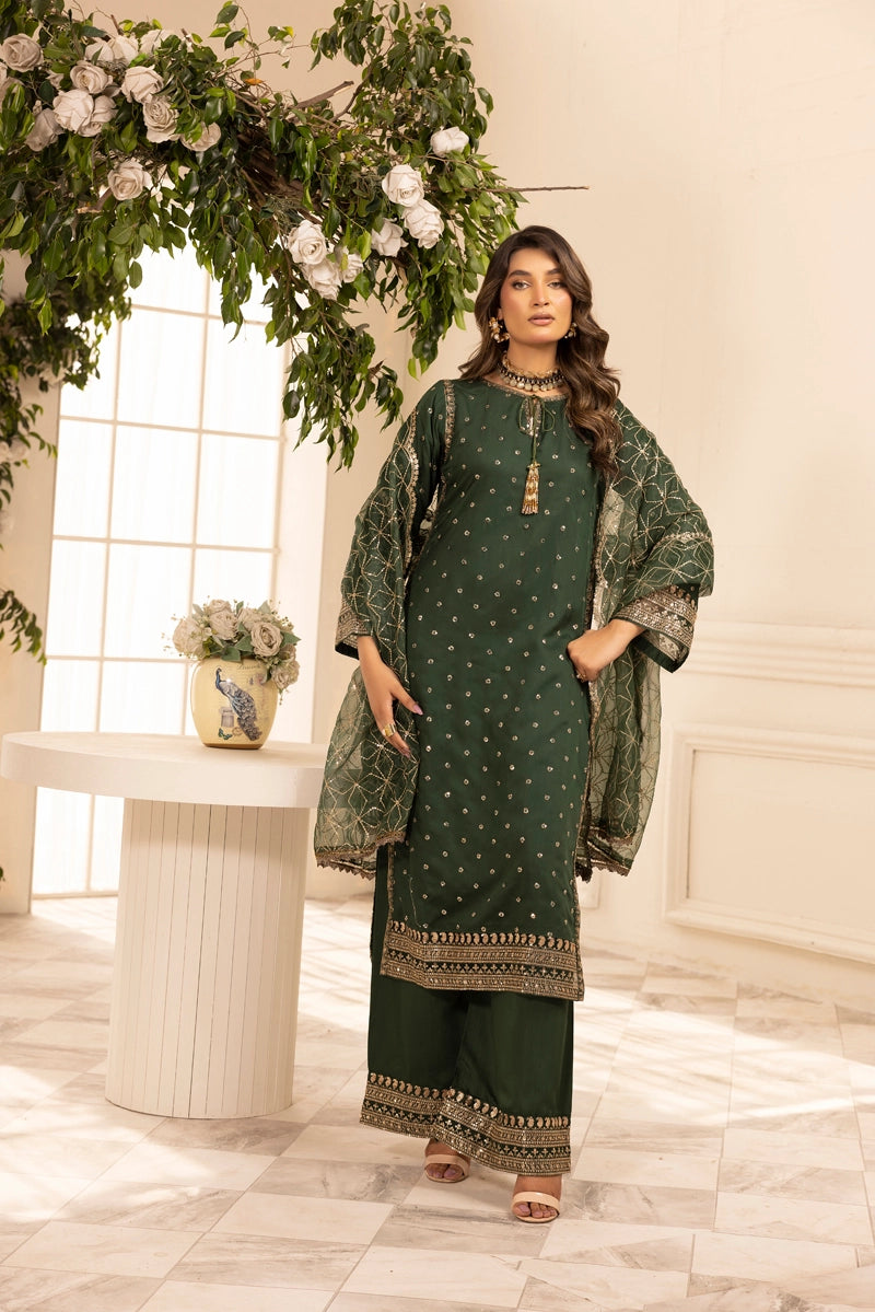 Charisma Amor Luxe Collection Viscose Silk 3 Piece Green Eid Outfit - Desi Posh