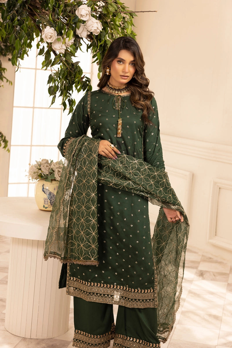 Charisma Amor Luxe Collection Viscose Silk 3 Piece Green Eid Outfit - Desi Posh