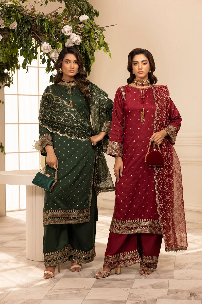 Charisma Amor Luxe Collection Viscose Silk 3 Piece Green Eid Outfit - Desi Posh