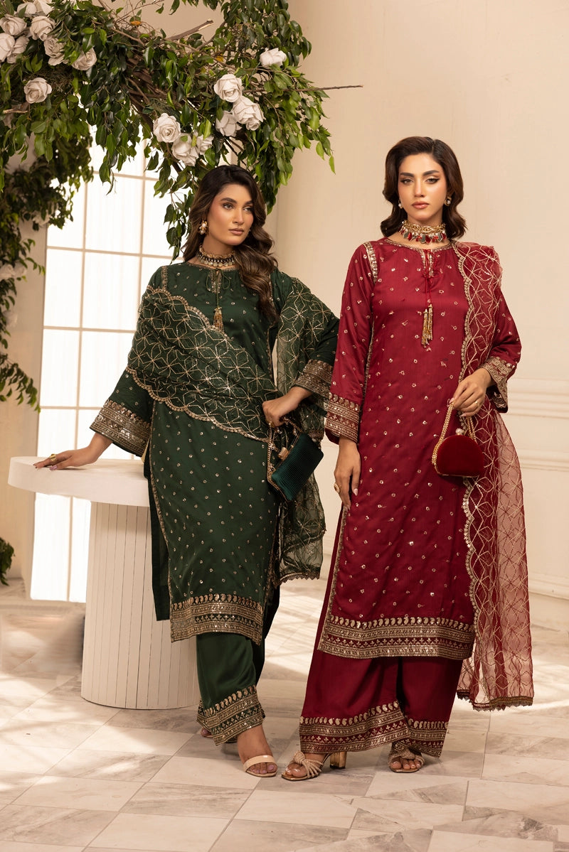 Charisma Amor Luxe Collection Viscose Silk 3 Piece Maroon Eid Outfit - Desi Posh