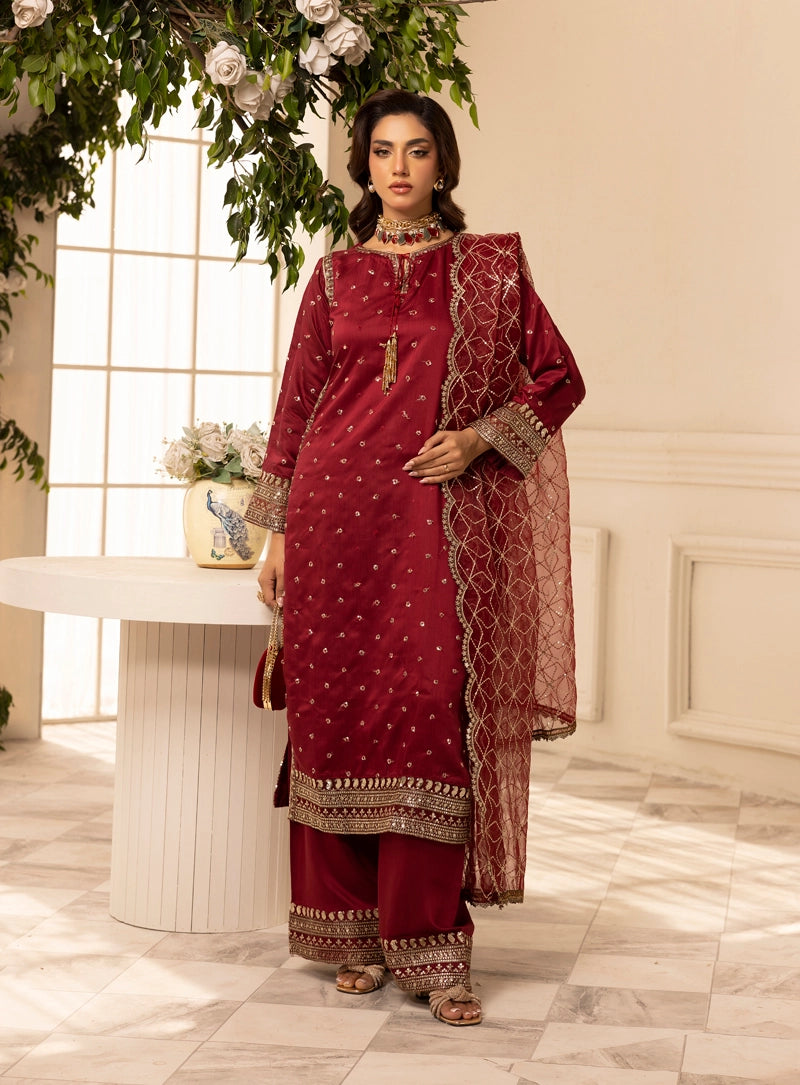 Charisma Amor Luxe Collection Viscose Silk 3 Piece Maroon Eid Outfit - Desi Posh