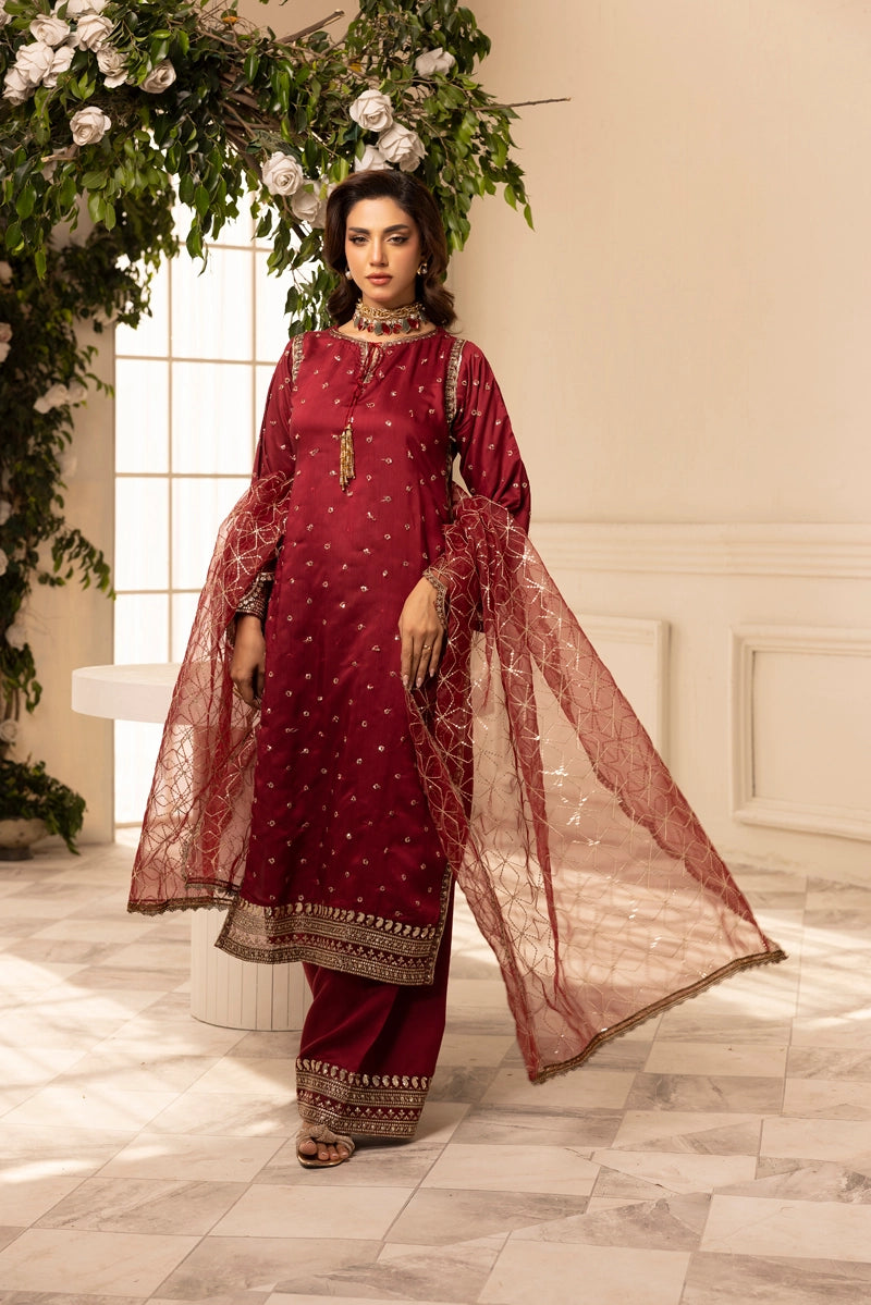 Charisma Amor Luxe Collection Viscose Silk 3 Piece Maroon Eid Outfit - Desi Posh