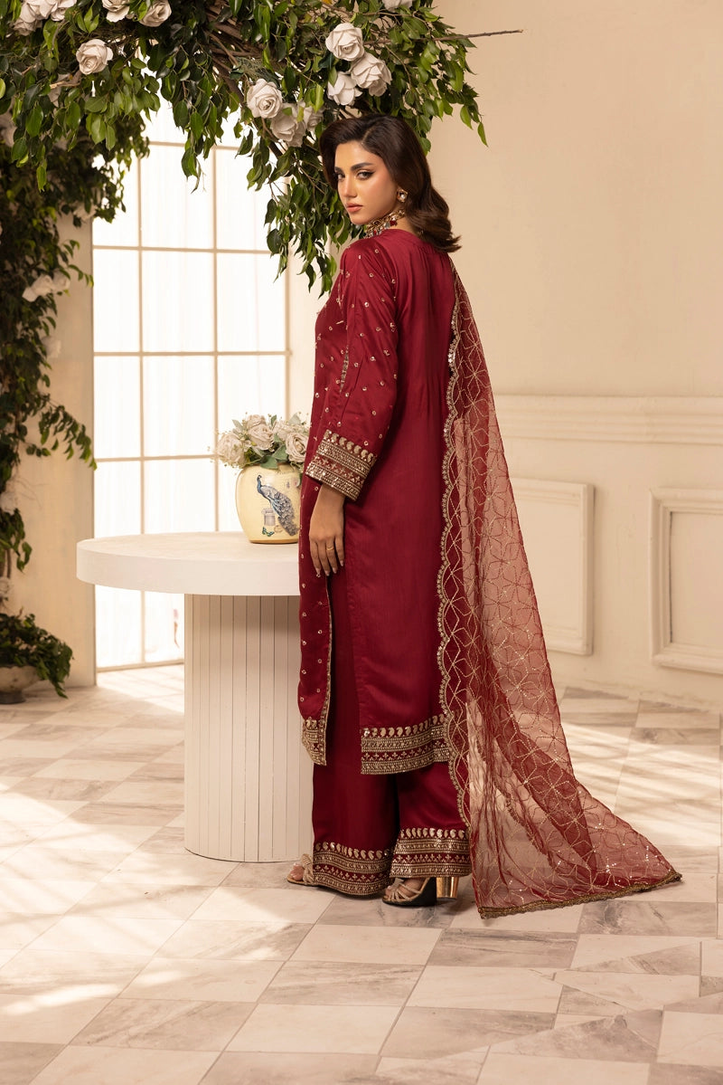 Charisma Amor Luxe Collection Viscose Silk 3 Piece Maroon Eid Outfit - Desi Posh