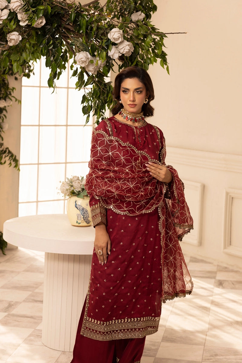 Charisma Amor Luxe Collection Viscose Silk 3 Piece Maroon Eid Outfit - Desi Posh