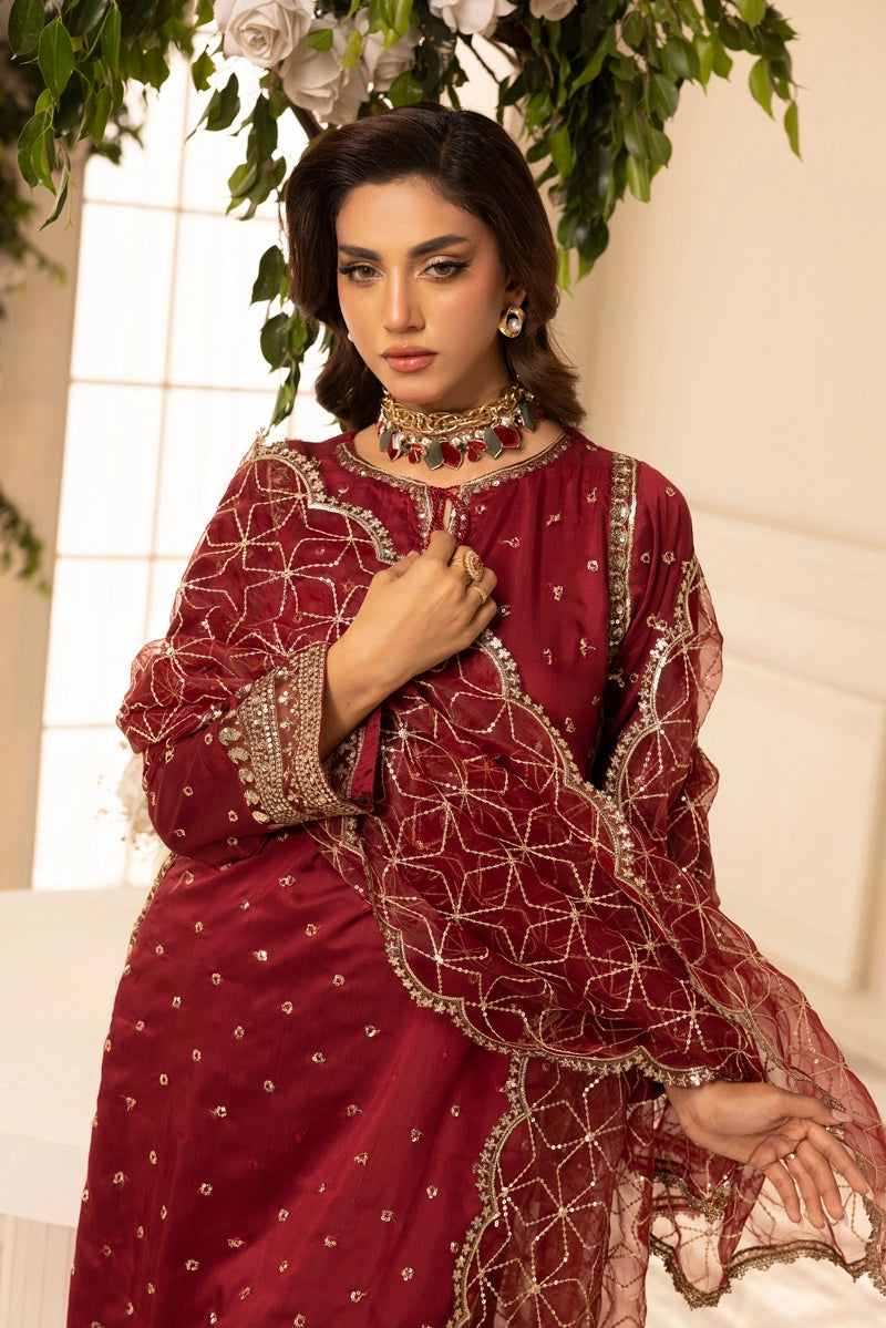 Charisma Amor Luxe Collection Viscose Silk 3 Piece Maroon Eid Outfit - Desi Posh