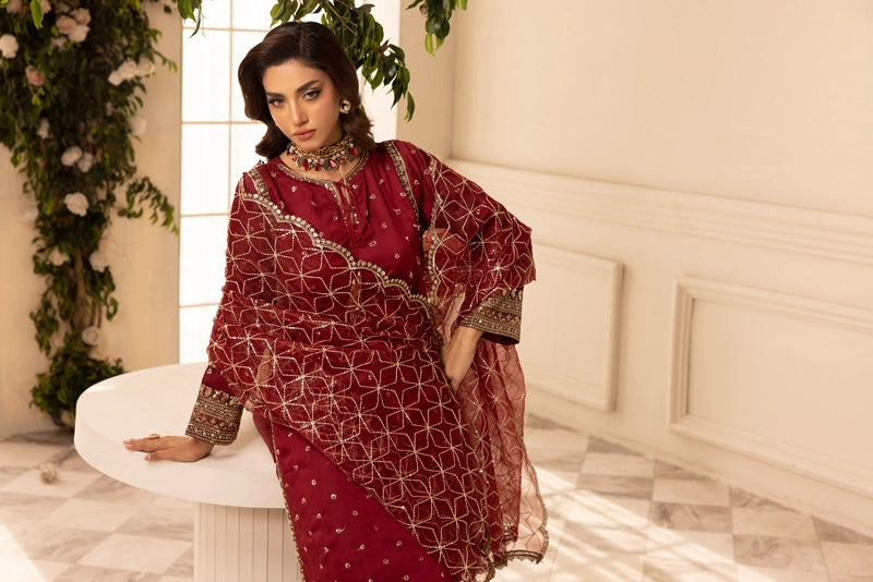 Charisma Amor Luxe Collection Viscose Silk 3 Piece Maroon Eid Outfit - Desi Posh